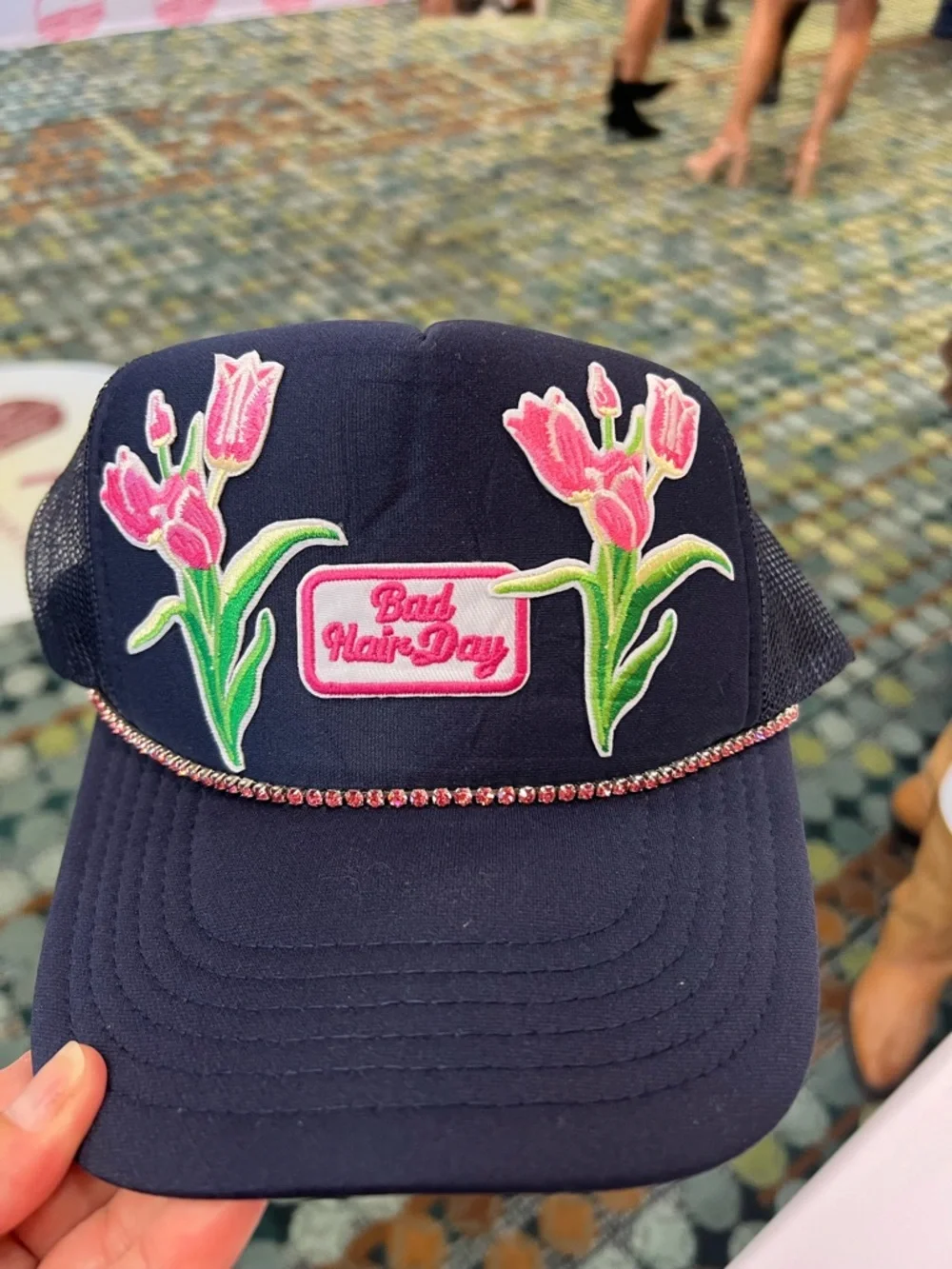 OTTO Navy Mesh Trucker Cap Rhinestones‎ Tulips Bad Hair Day